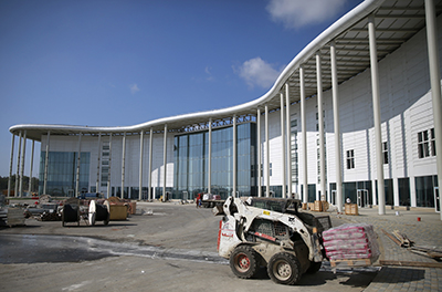 An exterior shot of the press center for the Olympic Games in Sochi. (Reuters/Pawel Kopczynski)