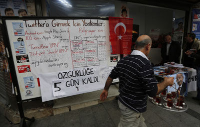 A board shows alternative ways to access Twitter at an election campaign office of the main opposition Republican's People's Party in Istanbul March 25, 2014. (Reuters/Murad Sezer)