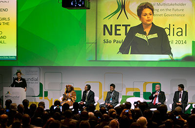 Brazilian President Dilma Rousseff speaks at an Internet forum on April 23, 2014, after a bill guaranteeing Internet privacy and access to the Web was approved by Congress. (AP/Andre Penner)