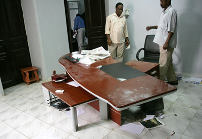 The aftermath of a raid on the offices of the Sudanese paper Al-Tayar, seen here, in which the paper's editor-in-chief was attacked. (AFP/Ebrahim Hamid)