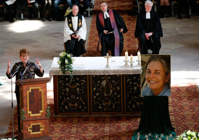 Associated Press Senior Vice President and Executive Editor Kathleen Carrol, left, speaks during the funeral of Anja Niedringhaus in Hoexter, Germany, on April 12, 2014. (AP/Frank Augstein)