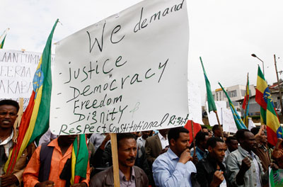 People demonstrate in Addis Ababa on May 24 against security forces who shot at students at a peaceful rally weeks eearlier in Oromia state. (Reuters/Tiksa Negeri)