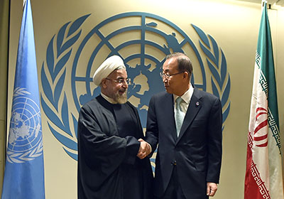 President Hassan Rouhani of Iran, left, with U.N. Secretary-General Ban Ki-moon, in New York on September 23. Rouhani is due to address the General Assembly on September 25. (AFP/Jewel Samad)