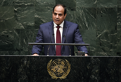 Egypt's President al-Sisi addresses the U.N. General Assembly on September 24. He promised to guarantee freedom of press, but journalists are still imprisoned. (AFP/Jewel Samad)