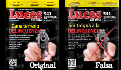 The original headline of Luces del Siglo, left, reads Crime Gaining Ground but the headline of the fake cover, right, reads No Truce With Crime. (Articulo 19)