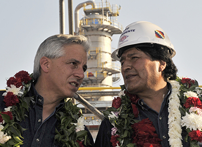 Vice President Álvaro García Linera, left, and President Evo Morales, right, at a gas plant in Bolivia earlier this month. The pair were voted in for a third term on October 12. (AFP/Aizar Raldes)