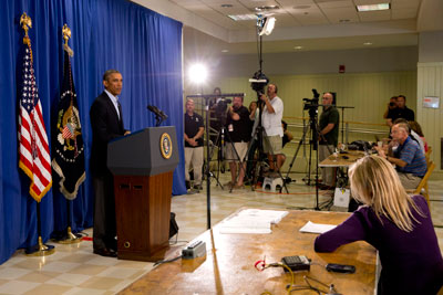 President Barack Obama speaks to journalists in Edgartown, Mass. in August. (AP/Jacquelyn Martin)