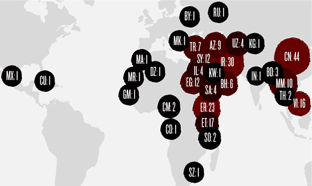 Map of Imprisoned Journalists as of December 1, 2014