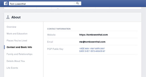 This view of profile page shows where Facebook users can add a public PGP key. The screenshot has been edited to hide the user's personal information. (CPJ)