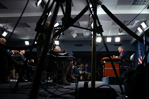 A press briefing at the Pentagon in April. Worrying guidelines on how the military can categorize the press during conflict are contained in the Defense Department's Law of War Manual. (AP/Andrew Harnik)
