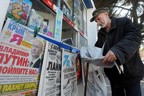 Newspapers are sold in Sevastopol in March 2014. Independent journalism has struggled after Crimea was illegally annexed. (AFP/Viktor Drachev)