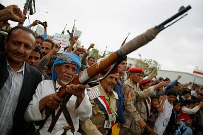 Shiite rebels known as Houthis rally against Saudi-led airstrikes in Sanaa, Yemen, on August 11. (AP/Hani Mohammed)