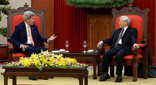 Secretary of State John Kerry and Communist Party General-Secretary Nguyen Phu Trong in Hanoi on August 7. The U.S. and Vietnam are working on a strategic partnership. (Reuters/Hoang Dinh Nam/Pool)