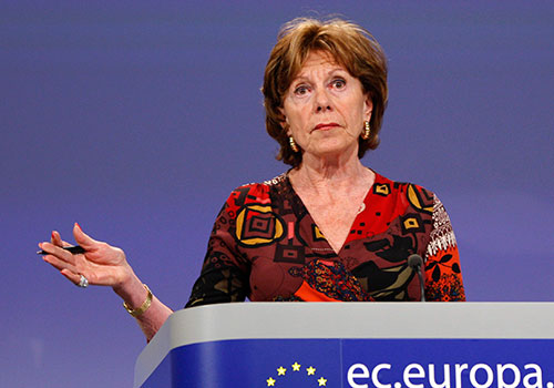 As part of efforts to make Internet censorship a trade barrier, Digital Agenda Commissioner Neelie Kroes, pictured, set up a No-Disconnect strategy to support and protect activists and journalists online. (AP/Elisa Day)