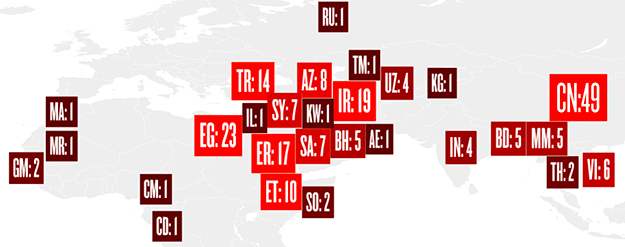 Map of Imprisoned Journalists as of December 1, 2015