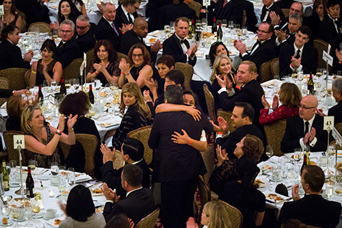 Reeyot Alemu and Mohamed Fahmy embrace at the International Press Freedom Awards in New York in November 2015. Reeyot served four years of a 14-year sentence in Ethiopia and Fahmy, of Al-Jazeera, was released from jail in Egypt in September 2015. (Michael Nagle/Getty Images for Committee to Protect Journalists).