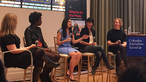 At Columbia University, CPJ Editorial Director Elana Beiser moderates a panel discussion between journalists Alexis Okeowo, Rawya Rageh, Scout Tufankjian, and Kim Barker. (CPJ/Peldun Tenzing)