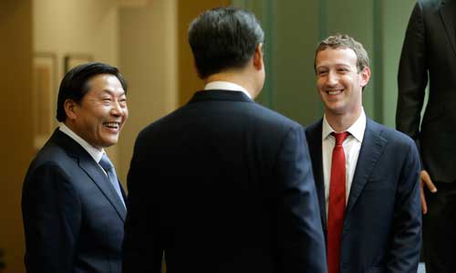 Chinese President Xi Jinping, center, talks with Facebook Chief Executive Mark Zuckerberg, right, as Lu Wei, left, China's Internet czar, looks on at Microsoft's main campus in Redmond, Washington, on September 23, 2015. Lu Wei left the Cyberspace Administration of China at the end of June. (AP/Ted S. Warren)