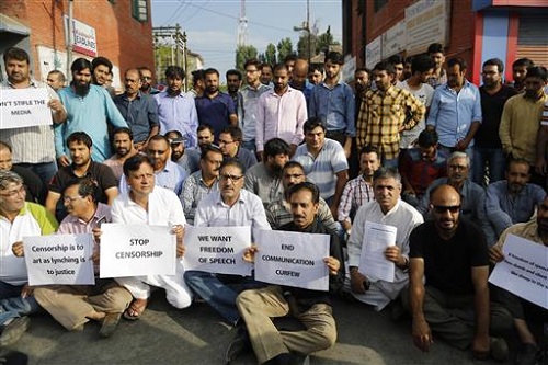 In this July 16 photo, Kashmiri journalists protest against the government in Srinagar, Indian-controlled Kashmir, where authorities have shut down printing presses and banned newspapers after days of anti-India protests.(AP/Mukhtar Khan)