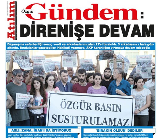 A screenshot shows the August 19, 2016, front page of Özgür Gündem newspaper, released as a special edition of the socialist weekly Atılım, bearing the headline "Resistance continues."