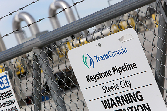 A March 14, 2014, file photo shows a warning sign outside facility of the TransCanada Keystone Pipeline in Steele City, Nebraska. (Reuters/Lane Hickenbottom)