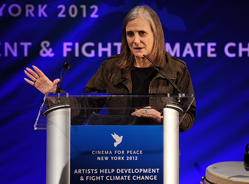 Journalist Amy Goodman, pictured at an event in 2012, is facing a charge of rioting after covering protests in September. (AFP/Dimitrios Kambouris/Getty Images)