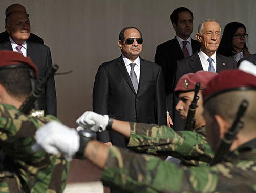 President el-Sisi, pictured with Portugal's president, right, during a state visit to Lisbon. The Egyptian leader told a broadcaster he supports freedom of expression. (Jose Manuel Ribeiro/AFP)