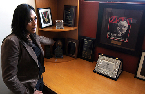 Adela Navarro Bello, the director of Zeta, at the magazine's headquarters in 2011. Police are stationed at Zeta's office after a cartel plot to attack the magazine was discovered. (AFP/Ruben Victorio)