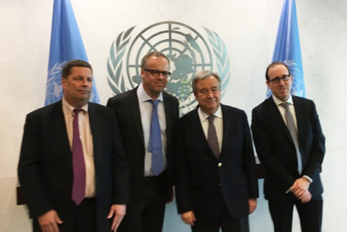 David Callaway, board nominee for president of the World Editor's Forum, RSF Secretary-General Christophe Deloire, UN Secretary-General António Guterres, and CPJ Executive Director Joel Simon meet to discuss journalist safety. (Twitter)