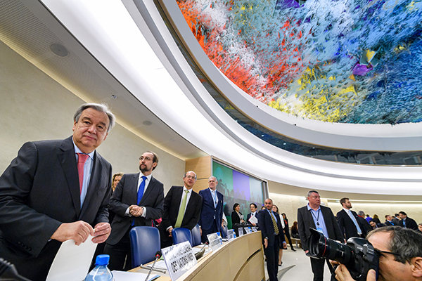 UN Secretary-General Antonio Guterres, left, at the opening of the Human Rights Council in Geneva in February. The council is due to vote on renewing the mandate of a special rapporteur on the situation of human rights in Iran. (AFP/Fabrice Coffrini)
