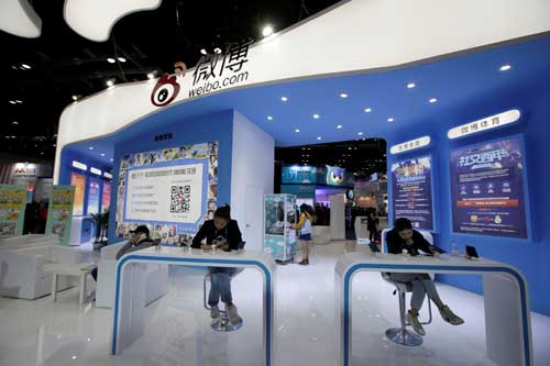 Sina Weibo's booth is pictured at the Global Mobile Internet Conference in Beijing on April 28, 2017. China announced regulations govern websites, apps, microblogs, and, instant messaging. (REUTERS/Jason Lee)