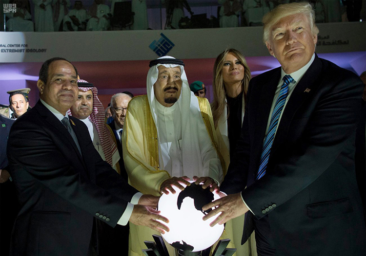 Egyptian President Abdel Fattah al-Sisi (left), King Salman of Saudi Arabia (center), and U.S. President Donald Trump inaugurate the Global Center for Combating Extremist Ideology, in Riyadh, Saudi Arabia, May 21, 2017. (Saudi Press Agency via AP)