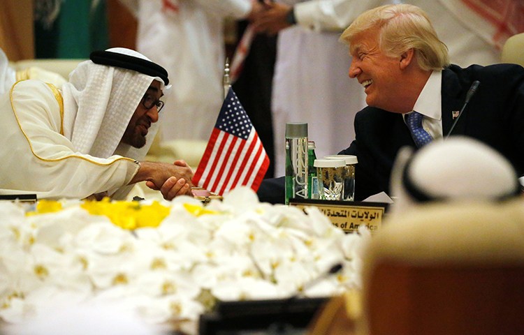 Crown Prince of Abu Dhabi Mohammed Bin Zayed al-Nahyan, who is also deputy commander of the UAE armed forces, shakes hands with U.S. President Donald Trump at a meeting of the Gulf Cooperation Council in Riyadh, Saudi Arabia, May 21, 2017. (Reuters/Jonathan Ernst)