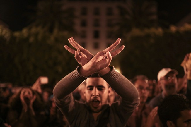 A man gestures at a protest in support of protests in northern Morocco's Rif region, Rabat, May 28, 2017. (AP/Mosa'ab Elshamy)