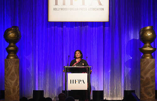 HFPA President Meher Tatna speaks at the association's grants banquet. (AFP/Getty Images/Kevin Winter)