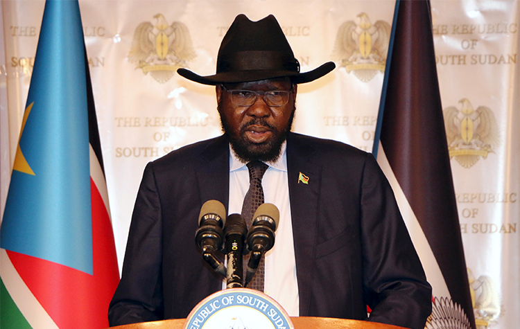 President Salva Kiir gives a speech in Juba on South Sudan's independence day. The family of a broadcasting director say authorities detained the journalist because he did not air the speech. (Reuters/Jok Solomun)
