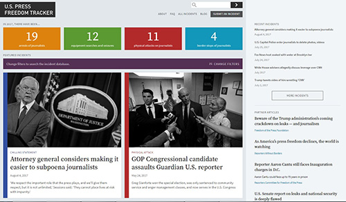 A screenshot of the U.S. Press Freedom Tracker.
