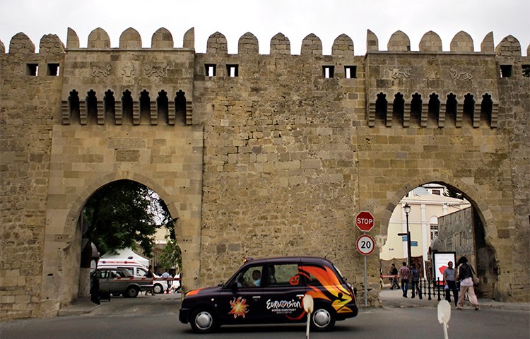 The old city walls in downtown Baku. Azerbaijani authorities in the capital have detained the head of the Turan news agency. (AP/Sergey Ponomarev)