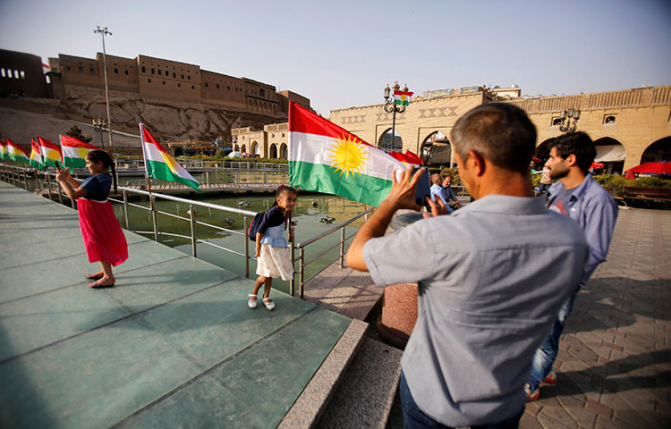 The Kurdistan flag at the castle of Erbil, Iraq on July 29, 2017. Kurdish authorities blocked the independent media outlet Nalia Radio and Television from broadcasting ahead of a regional referendum on Kurdish independence next month. (Reuters/Khalid Al-Mousily)