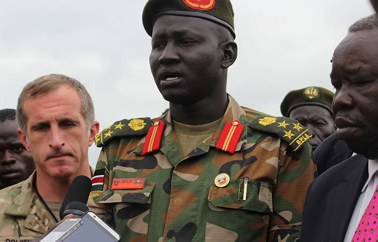 South Sudan army spokesman Brigadier General Lul Ruai Koang on August 29, 2017 speaks to the media about the death of U.S. journalist Christopher Allen. Allen was killed while covering the ongoing civil war in South Sudan between government and rebel forces. (Reuters/Samir Bol)