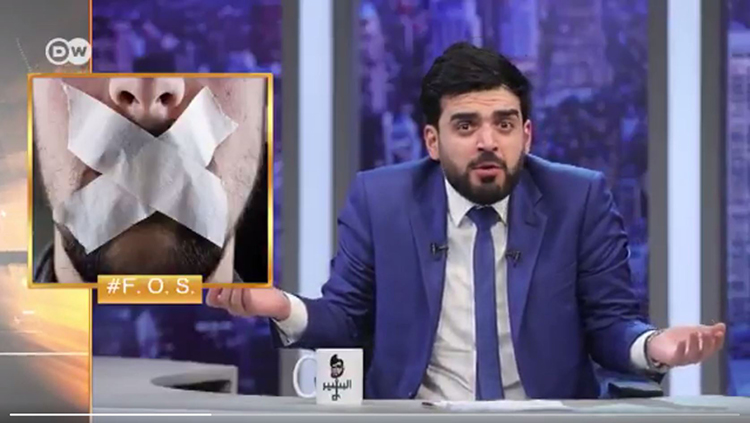 A screen shot of Ahmed al-Basheer's program shows him reacting to legal threats from Iraqi regulators.