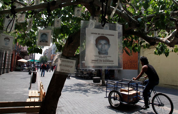 Images of 43 missing students from Guerrero state hang from a tree in Mexico City . Journalists reporting on violence in the state, and on the case of the students, face threats and violence. (AP/Marcos Ugarte)