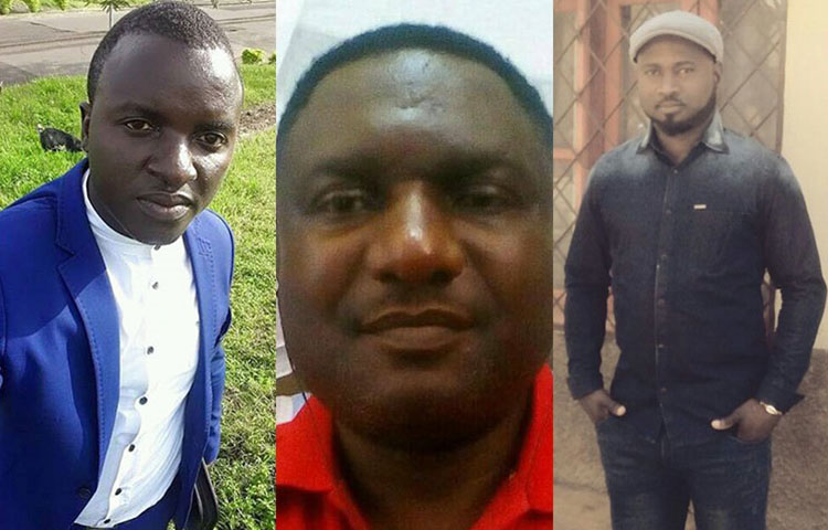 Cameroonian journalists, from left, Atia Tilarious Azohnwi, Tim Finnian, and Hans Achomba are released from prison. (Family handouts)