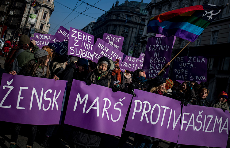 A women's rights march in Belgrade on January 21, 2017. Women journalists in Serbia say they face threats of sexual violence and online abuse over their critical reporting. (AFP/Andrej Isakovic)