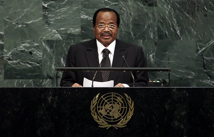 President Paul Biya of Cameroon addresses the United Nations General Assembly, at U.N. headquarters on September 22, 2017. A trial judge on October 9 charged three journalists with criminal defamation for their