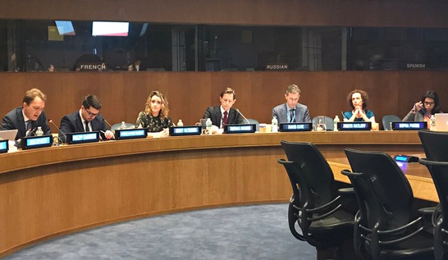 CPJ Advocacy and Communications Manager Kerry Paterson, third from left, joins a side panel on journalist safety and impunity at the UN in New York. (Article 19)