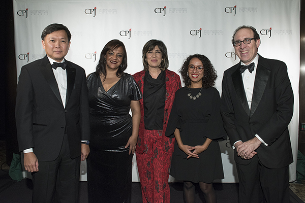 Awardees Pravit Rojanaphruk, Patricia Mayorga, Afrah Nasser with Joel Simon and Christiane Amanpour (CPJ/Barbara Nitke)