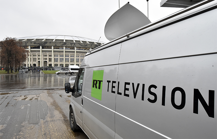 A RT broadcast van, pictured outside Luzhniki stadium in Moscow on November 11, 2017. The Russian broadcaster says it complied with a U.S. order to register as a foreign agent. (AFP/Kirill Kudryavtsev)