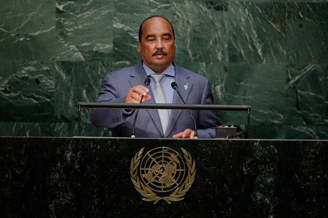Mauritania's President Mohamed Ould Abdel Aziz addresses the Sustainable Development Summit Saturday, Sept. 26, 2015, at the United Nations headquarters. Protesters have called for President Mohamed Ould Abdel Aziz to punish freelance blogger Mohamed Cheikh Ould Mohamed for an article he wrote that the protesters claim is blasphemous. (AP/Frank Franklin II)