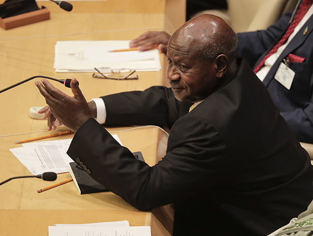 Uganda's President Yoweri Museveni speaks during a meeting of members of the African Union during the United Nations General Assembly on September 20, 2017, at U.N headquarters. Ugandan authorities raided the newspaper Red Pepper after it published an article that said Uganda's president Yoweri Museveni was planning to overthrow Rwanda's President Paul Kagame. (AP/Julie Jacobson)